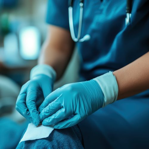 Nurse providing wound care with gloves in hospital setting A Nurse providing wound care with gloves in hospital setting